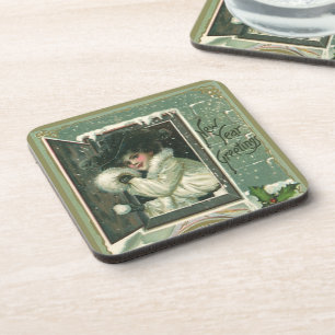 Vintage New Year Greetings, Victorian Girl Window Coaster