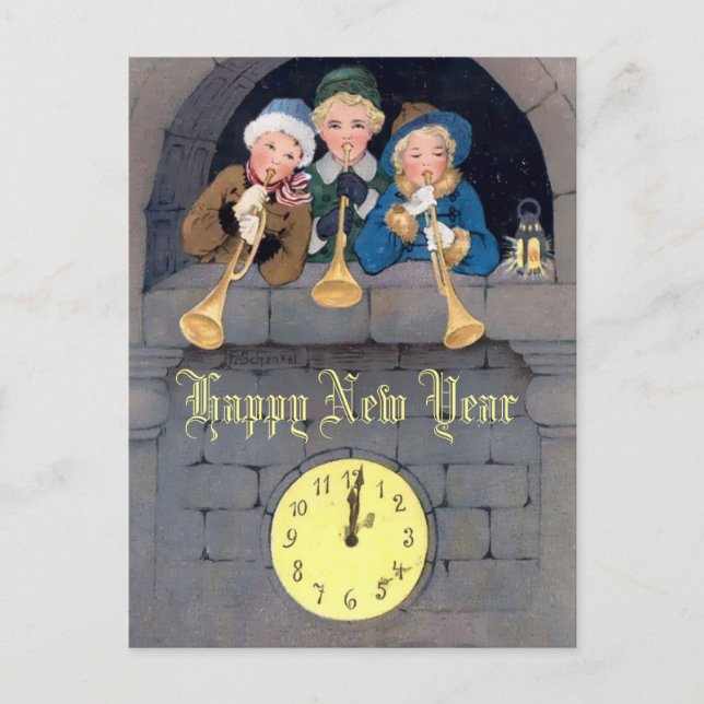 Vintage New Year Trumpeters Template Postcard (Front)