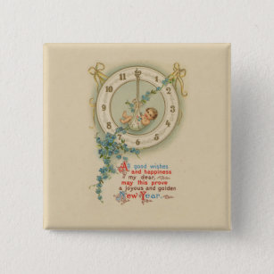 Vintage New Years Baby Clock 15 Cm Square Badge