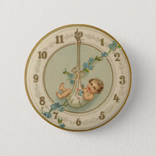 Vintage New Years Baby Clock 6 Cm Round Badge