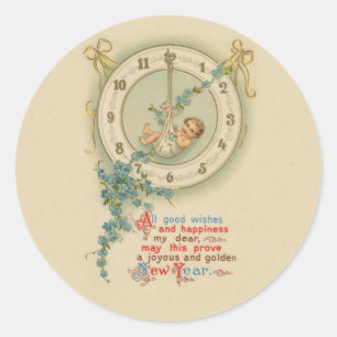 Vintage New Years Baby Clock Classic Round Sticker