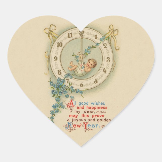 Vintage New Years Baby Clock Heart Sticker (Front)