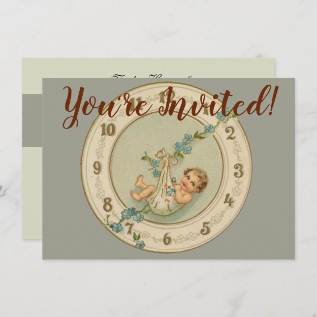 Vintage New Years Baby Clock Invitation (Front/Back)