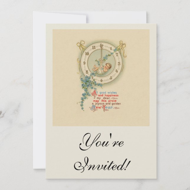 Vintage New Years Baby Clock Invitation (Front)