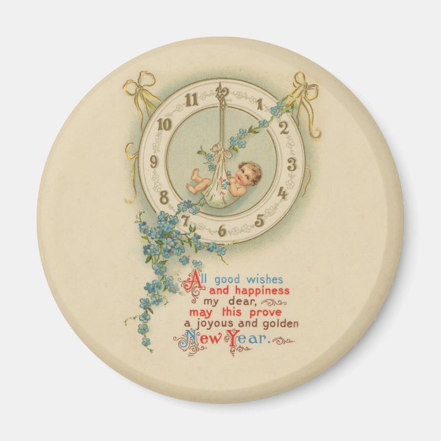 Vintage New Years Baby Clock Magnet (Front)