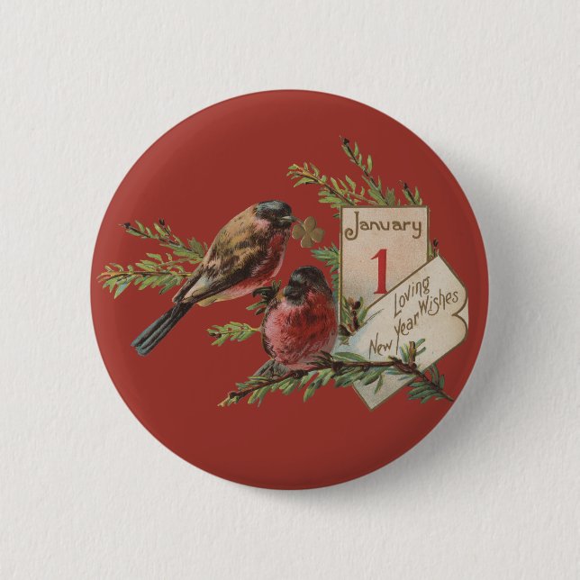 Vintage New Years Birds 6 Cm Round Badge (Front)