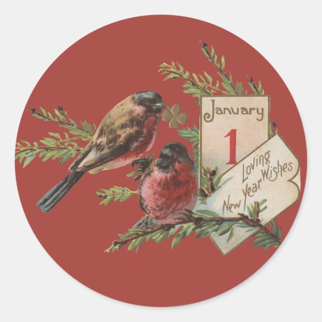 Vintage New Years Birds Classic Round Sticker (Front)