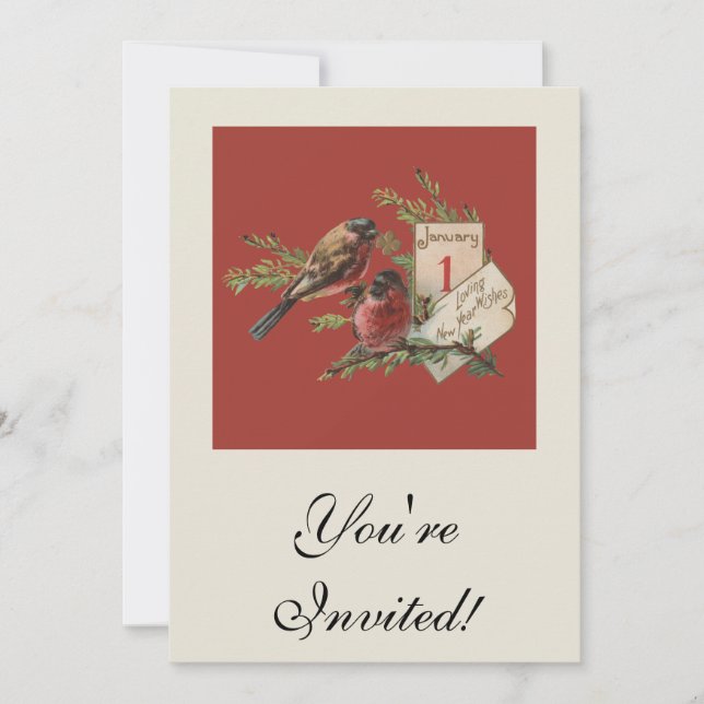 Vintage New Years Birds Invitation (Front)