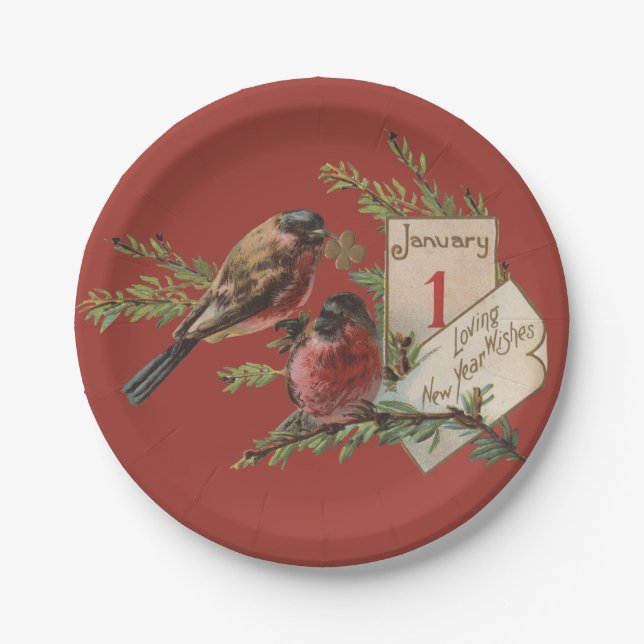 Vintage New Years Birds Paper Plate (Front)