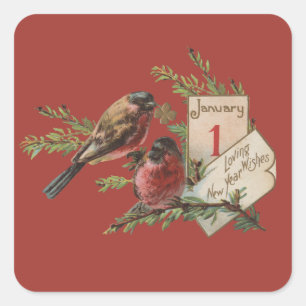 Vintage New Years Birds Square Sticker