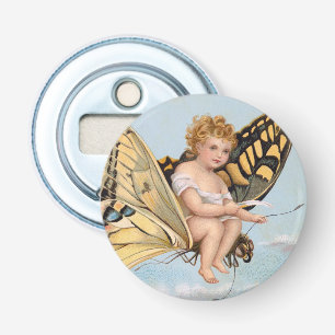 Vintage New Years card, child riding butterfly Bottle Opener