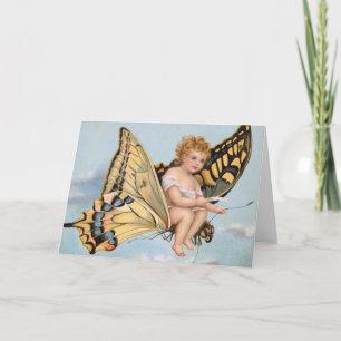 Vintage New Years card, child riding butterfly Card