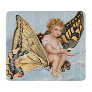 Vintage New Years card, child riding butterfly Cutting Board