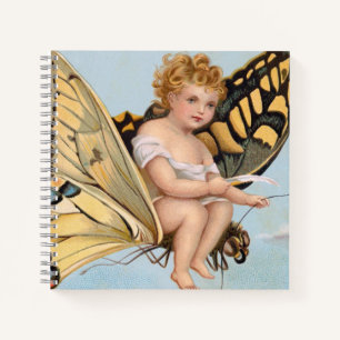 Vintage New Years card, child riding butterfly Notebook