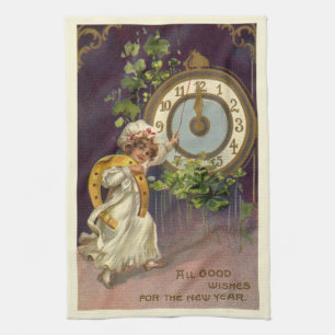Vintage New Years Eve Irish Lass Clock at Midnight Tea Towel