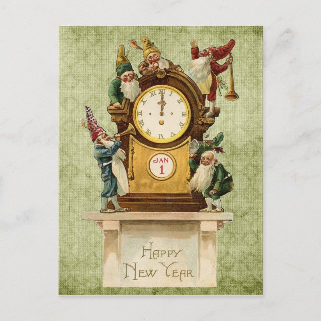 Vintage-New-Years-Gnomes Holiday Postcard (Front)