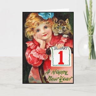 Vintage New Years Stamp with Young Girl and Cat Holiday Card