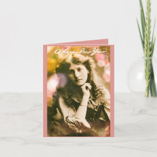 Vintage New Year's Woman In Pink Card