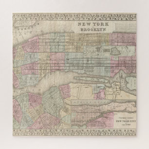 Vintage New York and Brooklyn Map Jigsaw Puzzle