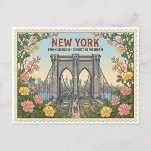 Vintage New York Brooklyn Bridge Skyline Postcard