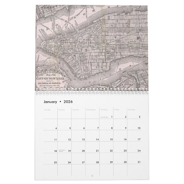 Vintage New York City Cartography Calendar (Jan 2026)
