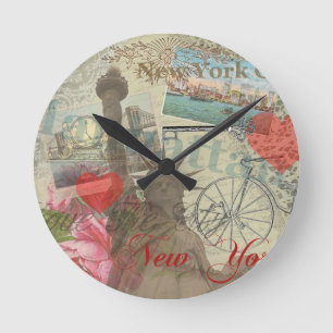Vintage New York City Collage Round Clock