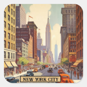 Vintage New York City Manhattan Street Scene Retro Square Sticker