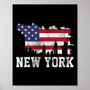 Vintage New York City Nyc Skyline Usa Flag America Poster