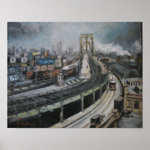 Vintage New York City Painting Brooklyn Bridge Poster
