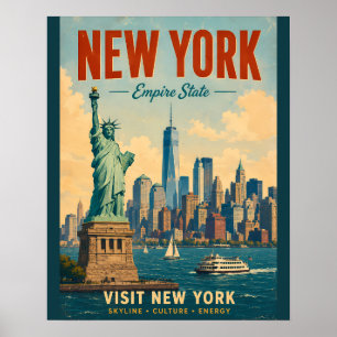 Vintage New York City Skyline Retro Postcard Art w Poster