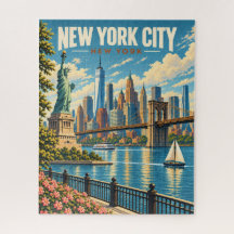 Vintage New York City Skyline Statue of Liberty 