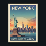Vintage new York city statue of liberty  Postcard<br><div class="desc">A retro travel poster featuring the iconic Statue of Liberty against a backdrop of the New York City skyline and a vibrant sky.</div>