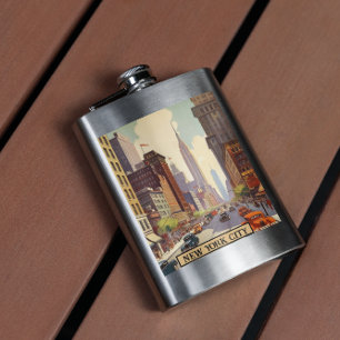 Vintage New York City Travel Poster Art Hip Flask