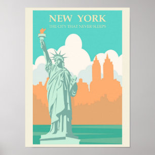 Vintage New York Lady Liberty Illustration Travel Poster
