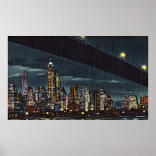 Vintage New York Skyline at Night  Poster