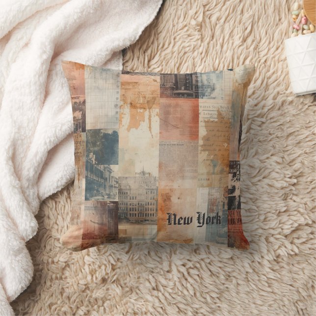 Vintage New York Urban Collage Art Cushion (Blanket)