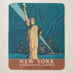 Vintage New York Wonder City Statue of Liberty Art Sherpa Blanket