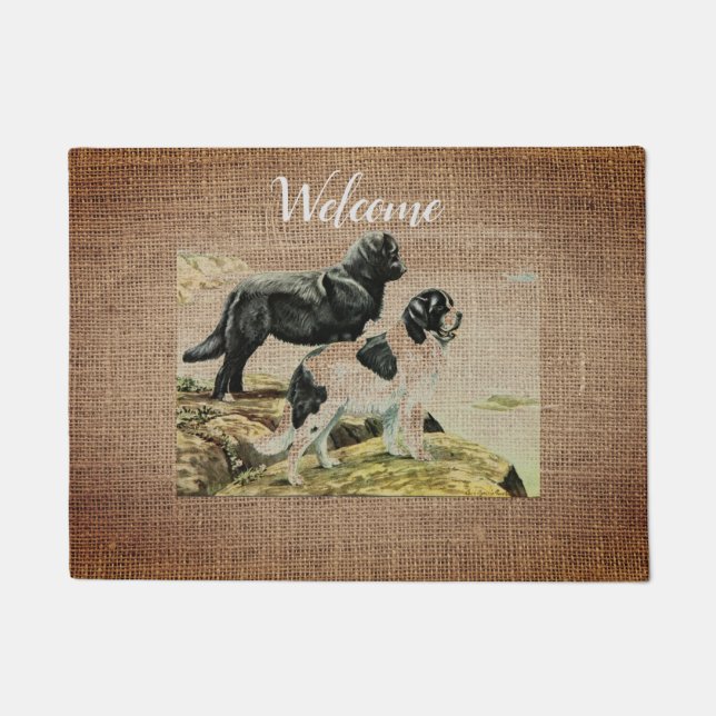 Vintage Newfoundland dogs  in burlap  - welcome Doormat (Front)