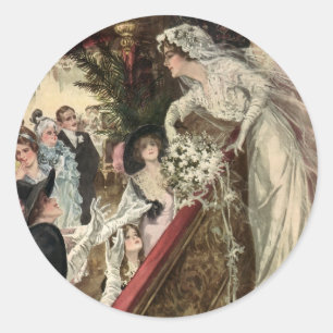 Vintage Newlyweds, Victorian Bride Tossing Bouquet Classic Round Sticker