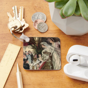 Vintage Newlyweds, Victorian Bride Tossing Bouquet Key Ring