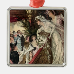 Vintage Newlyweds, Victorian Bride Tossing Bouquet Metal Tree Decoration