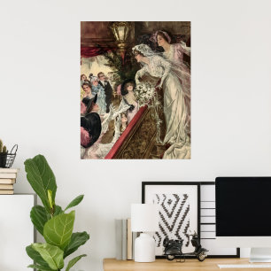 Vintage Newlyweds, Victorian Bride Tossing Bouquet Poster