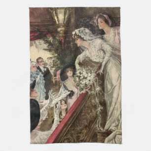 Vintage Newlyweds, Victorian Bride Tossing Bouquet Tea Towel