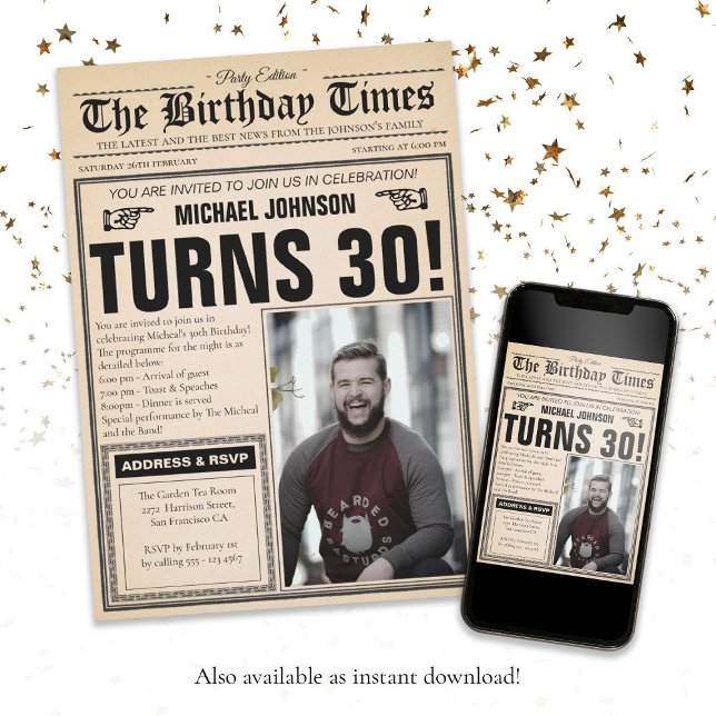 Vintage Newspaper 30th Birthday Fun Custom Photo Invitation (Vintage Newspaper 30th Birthday Fun Custom Photo Invitation)