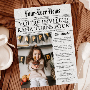 Vintage Newspaper 4th Birthday Party Photo Invitation
