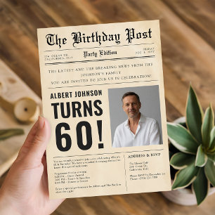 Vintage Newspaper 60th Milestone Birthday Photo Invitation