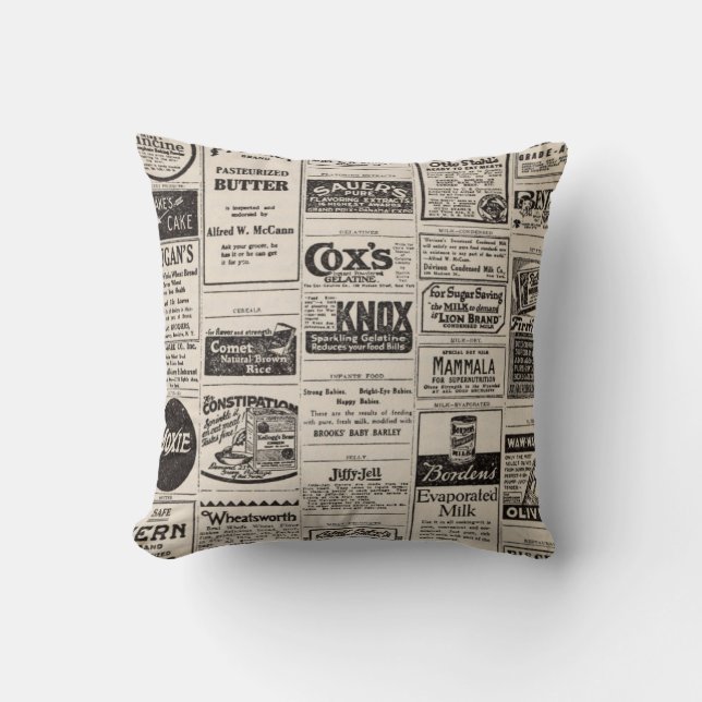 Vintage Newspaper Advertisement Farmhouse Pillow (Front)