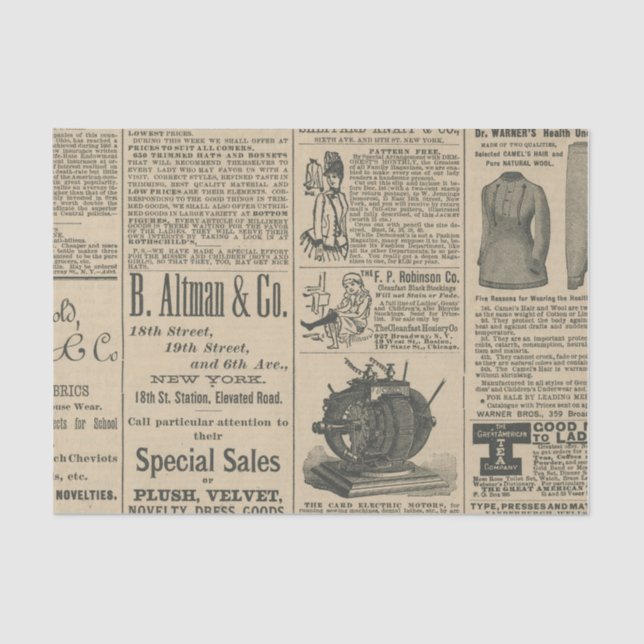 Vintage Newspaper Advertisement Tissue Paper (Front)