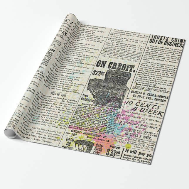 Vintage newspaper advertising wrapping paper (Unrolled)
