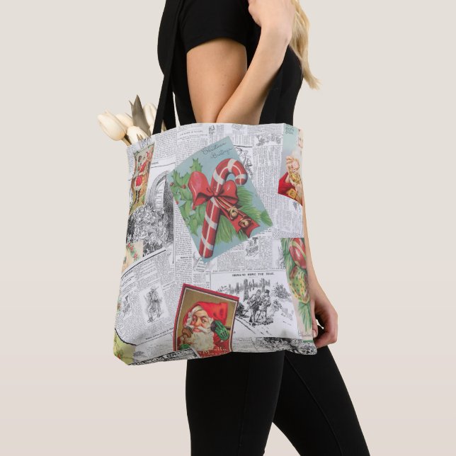Vintage Newspaper Christmas Card Collage Tote Bag (Close Up)